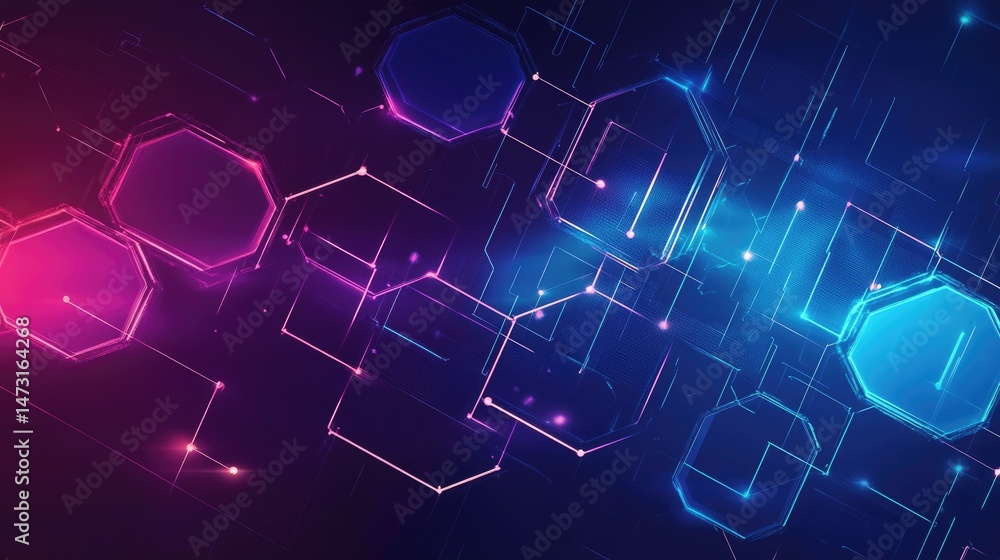 Poster geometric abstraction with hexagonal shapes and angular lines in a deep blue and purple color palett