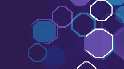 Geometric abstraction with hexagonal shapes and angular lines in a deep blue and purple color palette, evoking a futuristic aesthetic