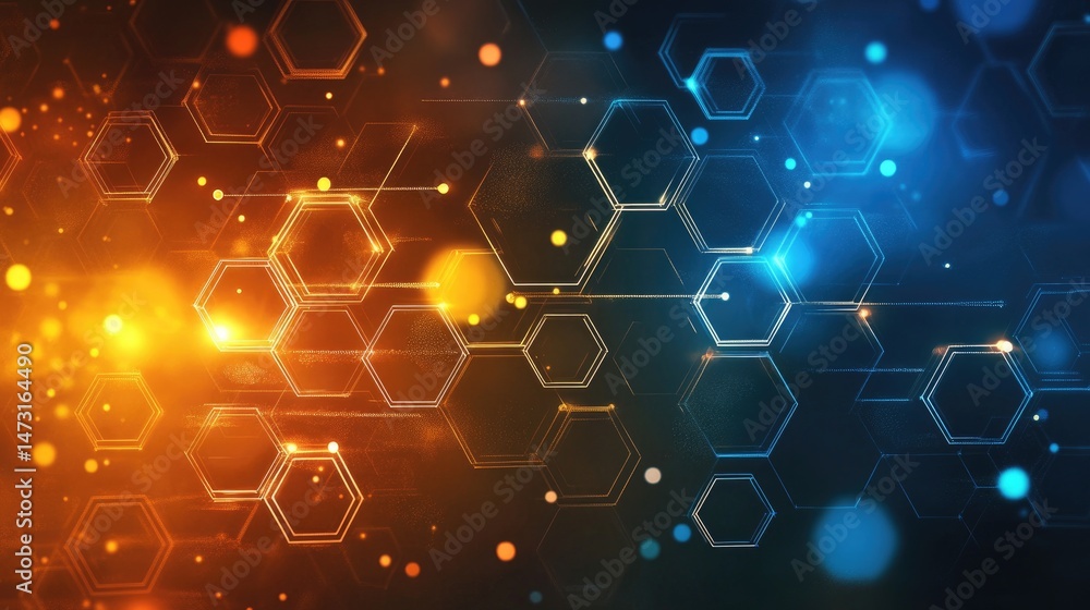 Poster geometric digital patterns with neon lights and floating hexagons creating a high-tech abstract back
