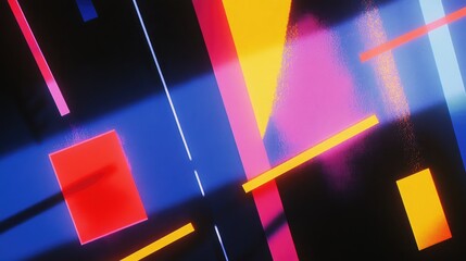 Geometric abstraction with vibrant, angular lines and shapes blending into a dynamic and colorful composition on a dark backdrop