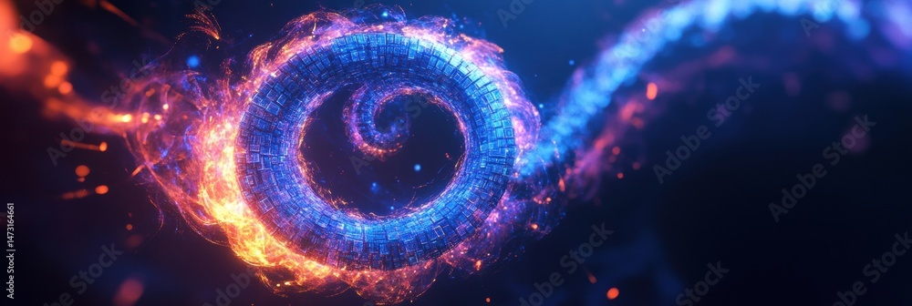 Poster interconnected blockchain spiral glowing with digital effects, positioned off-center with a blank ar