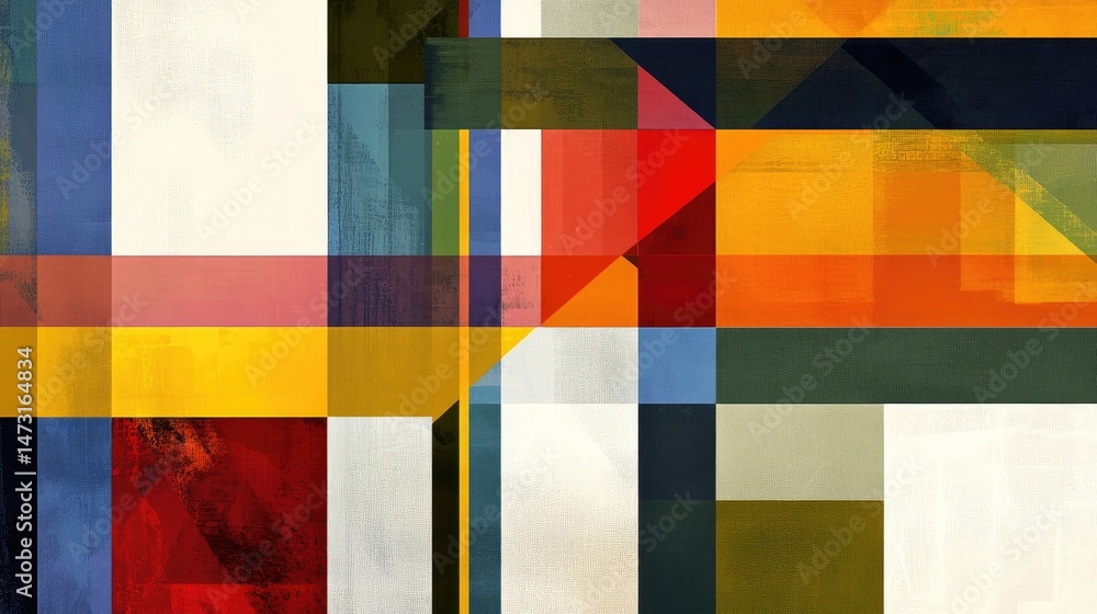 Poster geometric shapes and lines interwoven into a colorful abstract background, symbolizing technology an
