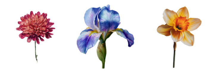 Distinct Flowers: Pink Dahlia with Dense Petals, Blue and Purple Iris with Green Leaves, and Yellow-Orange Daffodil with Dark Green Stem