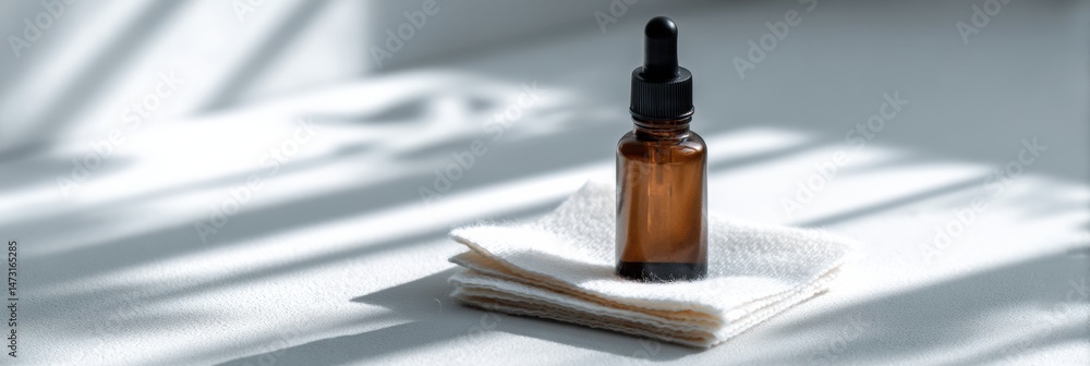 Poster dropper bottle and sterile pads on a white tabletop with soft shadows showcasing a clean and organiz