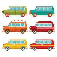 Six classic wagon transport isolated on white background