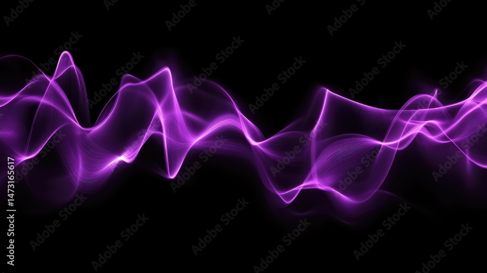 Poster glowing neon light waves gently flowing in a smooth digital pattern, creating a calming yet futurist