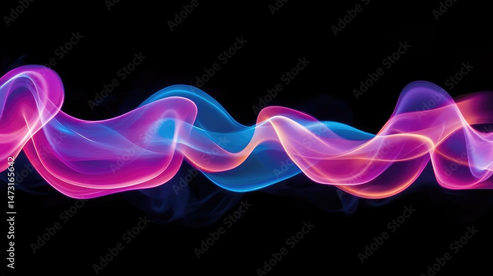Poster glowing neon light waves gently flowing in a smooth digital pattern, creating a calming yet futurist