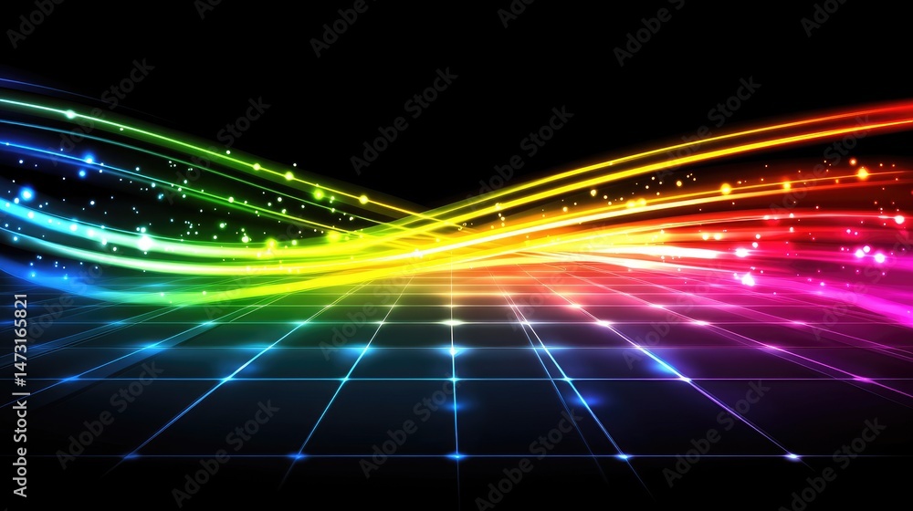 Poster glowing waves of digital light with bright neon trails, flowing fluidly over a sleek grid background