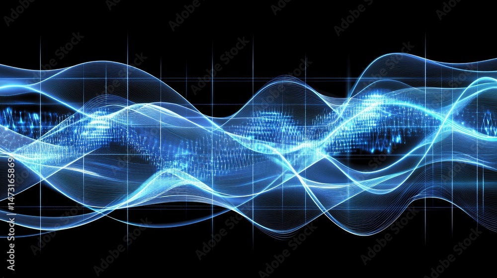 Poster glowing waves of digital light with bright neon trails, flowing fluidly over a sleek grid background