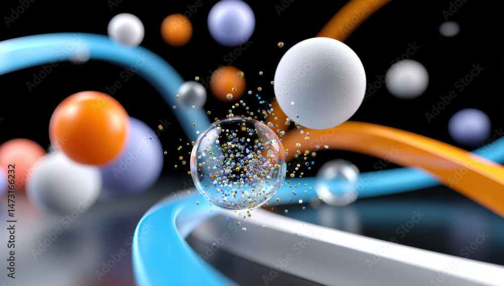 Poster Abstract 3D render of colorful spheres and swirling lines, featuring a glass orb filled with tiny particles against a black background.  The image evokes a sense of movement and energy : Generative AI