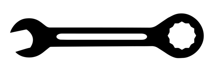 Combination Wrench with Open-End Jaw on the Left, Ring-End with Internal Teeth on the Right, Connected by a Long Straight Handle. Mechanical Tools, Maintenance, Engineering, Repair Work