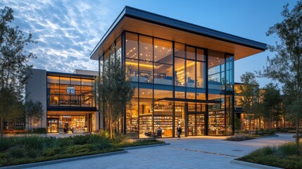 Obraz premium Modern Glass and Wood Building at Dusk