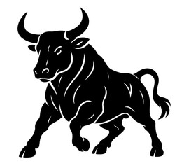 Black Silhouette of a Powerful Horned Bull with Tensed Muscles, Raised Tail, and Aggressive Forward-Stance. Strength, Determination, Aggression, Zodiac Taurus, and Bull Market