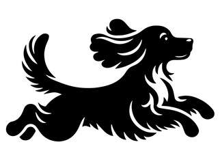 Black silhouette of a long-haired dog running joyfully with raised tail and flying ears. energetic pet, dog-themed designs, animal care