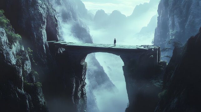 Solitary figure on ancient mountain bridge