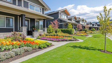 Fototapeta premium Home garden border with colorful tulips, clipped hedges, and tidy lawn creating vibrant curb appeal