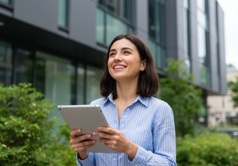 Smiling woman with tablet looks up outside modern building, wearing blue shirt