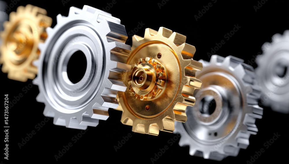 Poster close-up of interlocking metallic gears: silver and gold cogwheels meshing in precise motion against