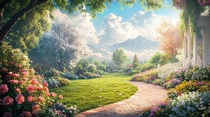 Obraz premium Home landscape with brick path, manicured lawn, and flowering perennials in full bloom under sunny sky