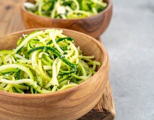 Fresh Zucchini Noodles with Pesto in Wooden Bowls
