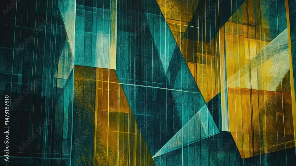 Poster intricate geometric forms and lines in a mix of neon and muted tones, creating an abstract compositi