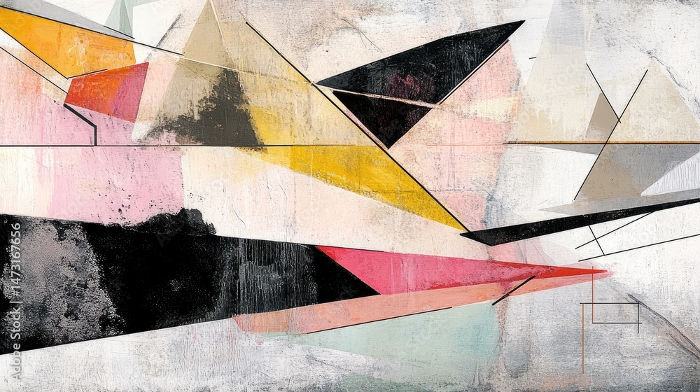 Poster intricate geometric forms and lines in a mix of neon and muted tones, creating an abstract compositi
