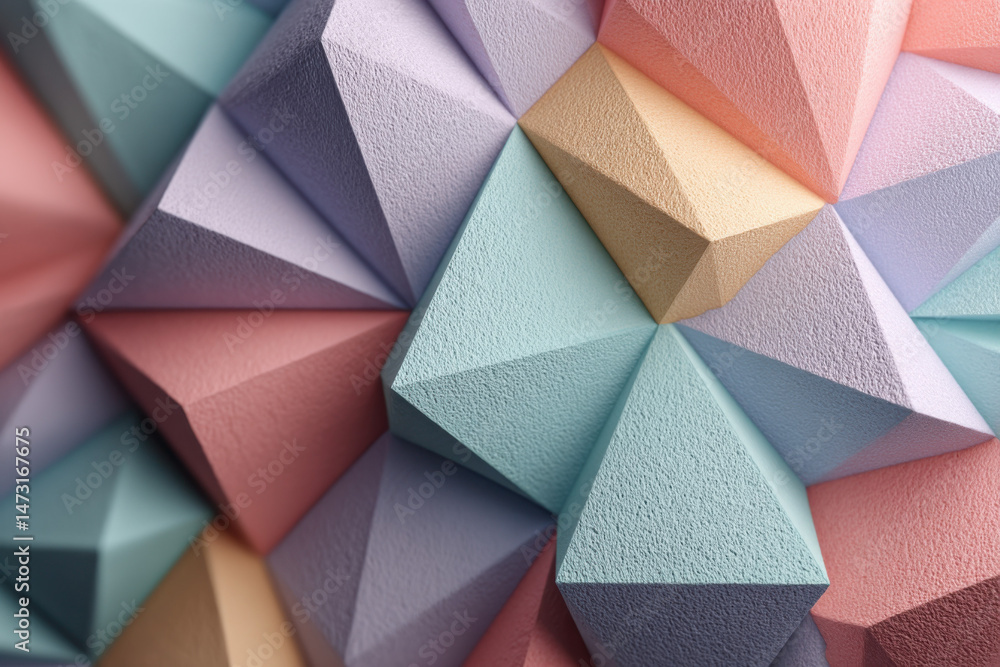 Poster Abstract pastel-colored geometric shapes, textured pyramids forming a complex pattern, detailed 3D render of multifaceted polygonal structures. : Generative AI