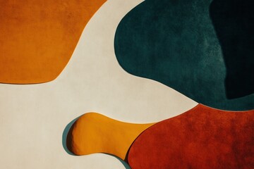 Abstract modern colorful wall with minimalist design elements and textured background featuring organic geometric shapes in bold hues.