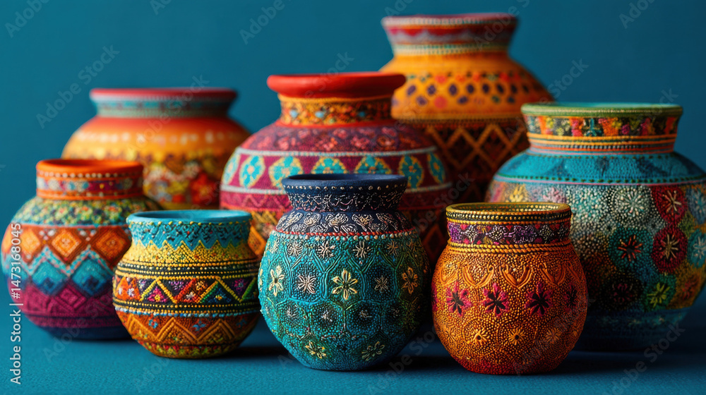 Poster collection of vibrant, hand-painted ceramic pots, showcasing intricate geometric and floral patterns
