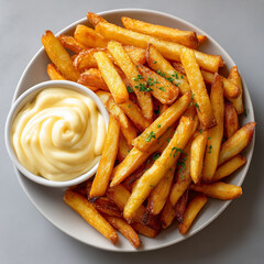 Golden french fries with creamy sauce in a white bowl, presented on a gray background