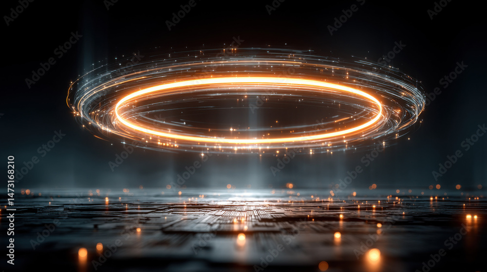 Poster Futuristic glowing orange ring with swirling light trails above dark metallic surface, creating a dynamic and modern technological scene. : Generative AI