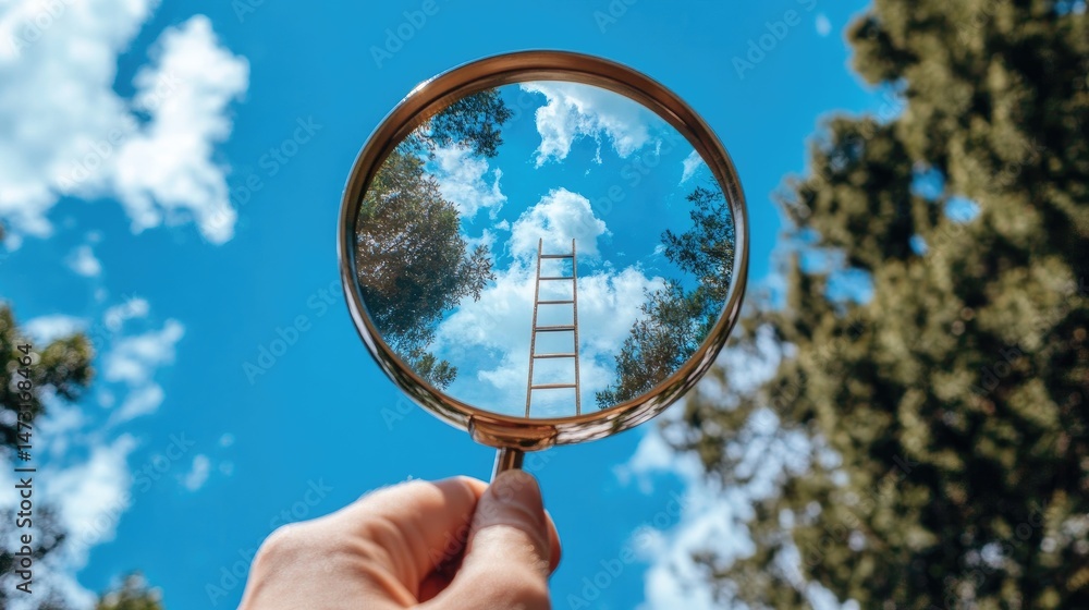 Poster magnifying glass enlarging a center goal with two hands ready to push forward and a ladder to climb 