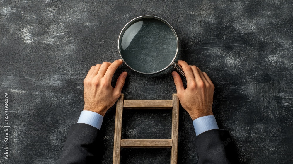 Poster magnifying glass enlarging a center goal with two hands ready to push forward and a ladder to climb 