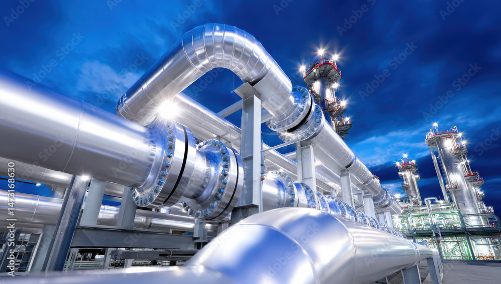 Aufkleber industrial pipeline network at a refinery at twilight, showcasing intricate metalwork and illuminate