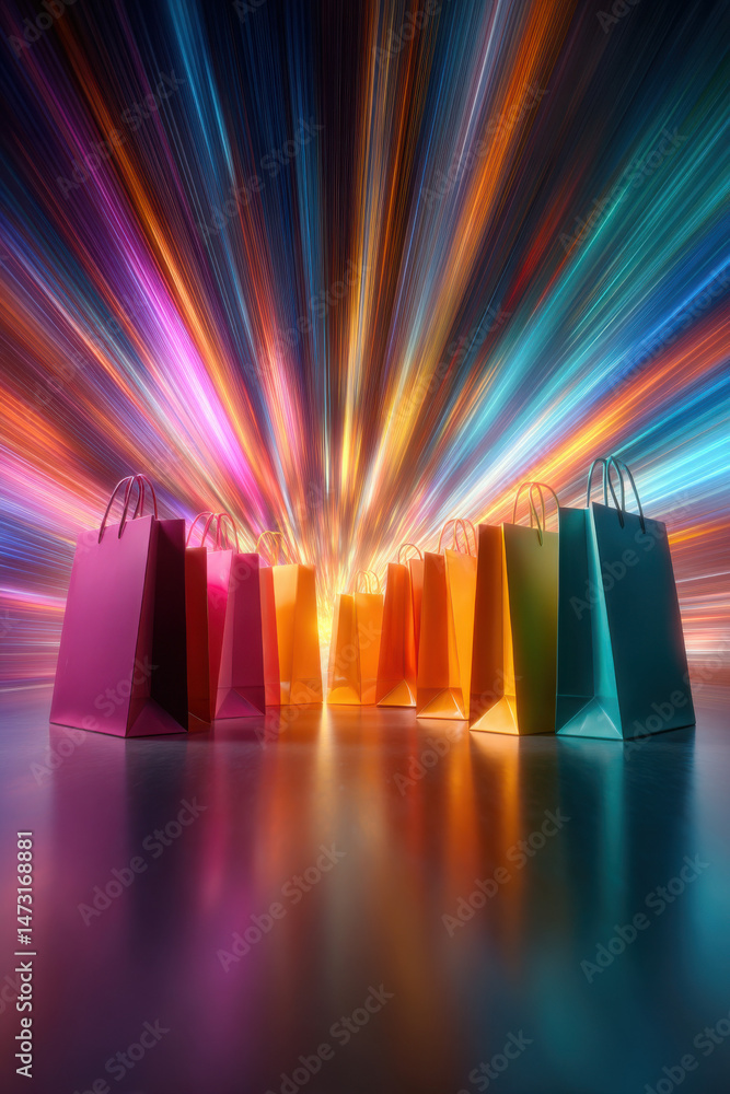 Poster vibrant colorful shopping bags arranged in a row against a dynamic light burst background, perfect f