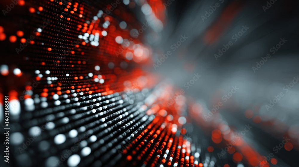 Poster Abstract digital data stream, glowing red and white particles forming a dynamic wave pattern on a dark background, suggesting technological advancement or network connectivity. : Generative AI