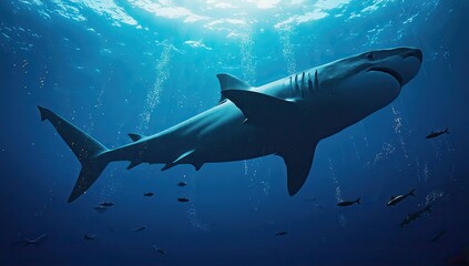 Fototapeta premium Majestic great white shark in deep blue ocean depths.