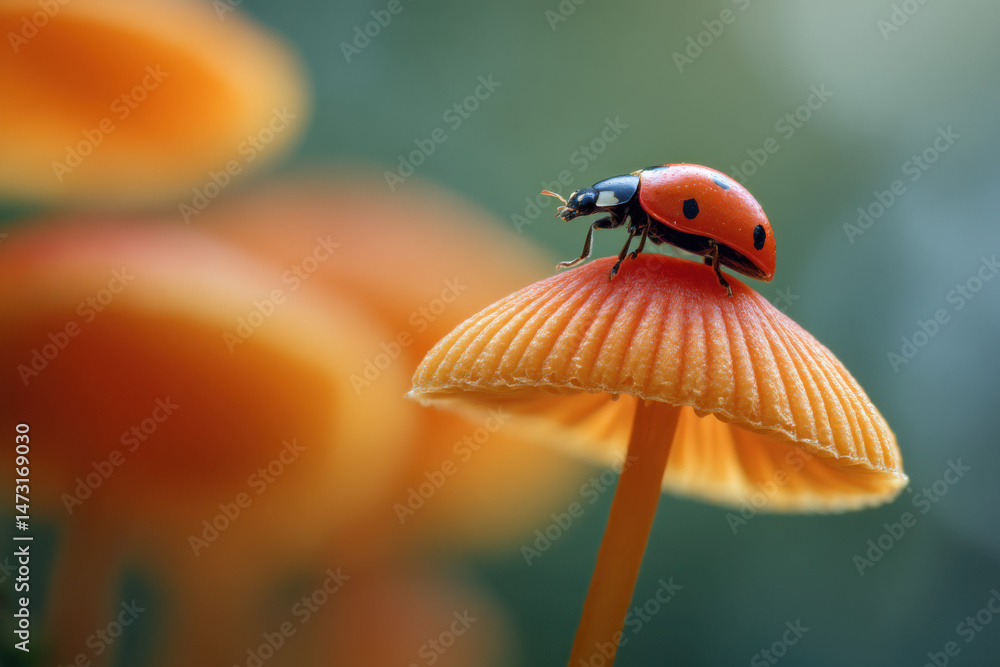 Poster a ladybug delicately perched atop a vibrant orange mushroom, surrounded by a soft-focus backdrop of 