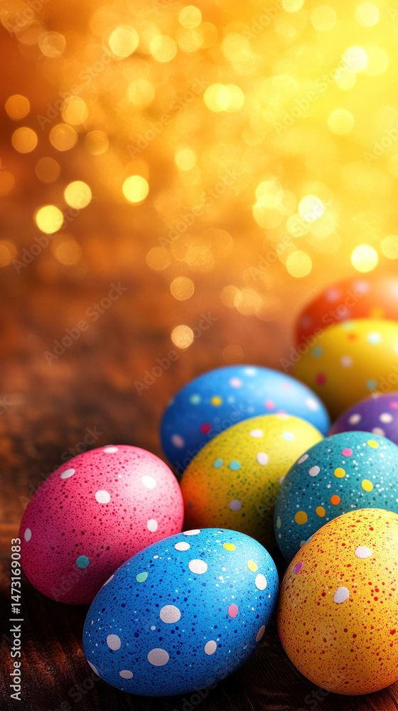 Poster a row of colorful eggs with polka dots on them. the eggs are arranged in a row on a wooden surface
