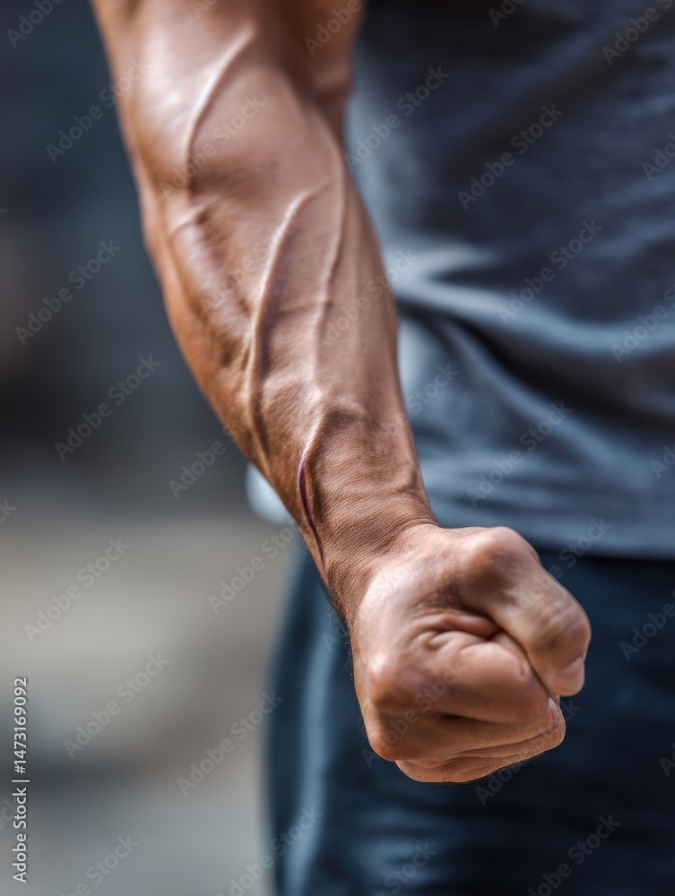 Poster ripped forearm flexing in action against a softly blurred background during an intense workout sessi