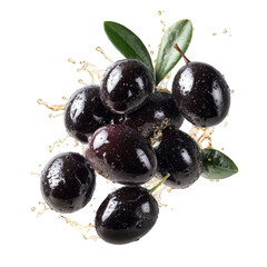 Juicy black olives splashing fresh olive oil leaves wet food diet dark on transparent background