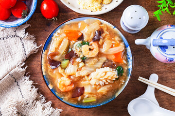 Chukadon(Stir-fried vegetables and seafoods in starchy sauce on rice bowl),japanese cuisine
