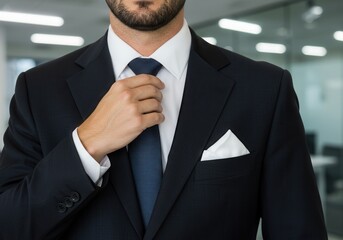 Businessman adjusting his necktie in an office setting, wearing a suit and pocket square
