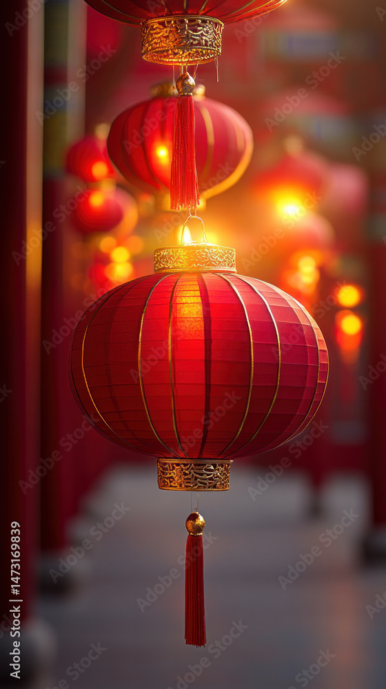 Poster a row of red lanterns hanging from a pole. the lanterns are lit up and have gold trim. the scene is 