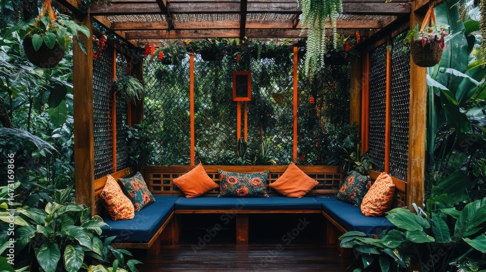 Poster Nature-filled space with trellis, bench seating, and colorful cushions arranged for calm vibes