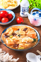 Chukadon(Stir-fried vegetables and seafoods in starchy sauce on rice bowl),japanese cuisine