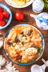 Chukadon(Stir-fried vegetables and seafoods in starchy sauce on rice bowl),japanese cuisine