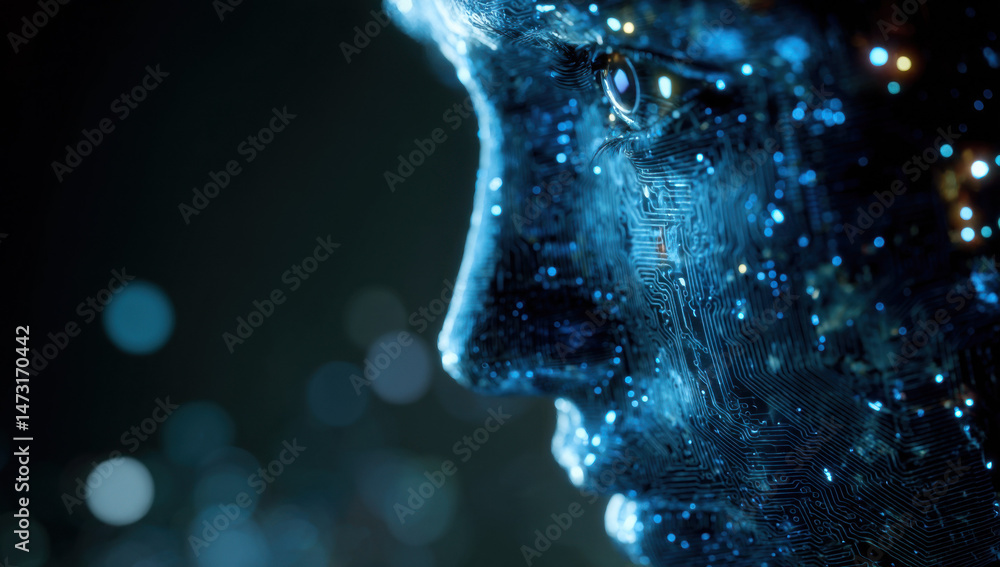 Poster Close-up profile view of a futuristic, digital human face, constructed from glowing circuit board patterns, set against a dark, bokeh background. : Generative AI