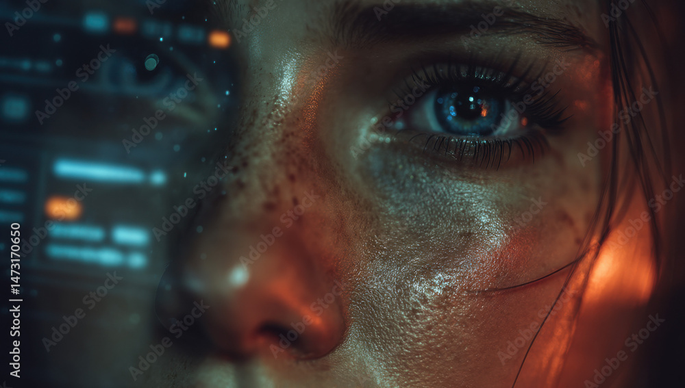 Poster close-up of a woman's eye, illuminated by a futuristic, teal interface; her face shows freckles and 