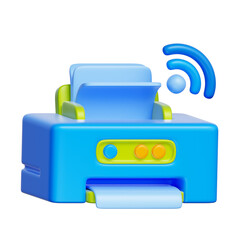 3D icon of a connected printer with Wi-Fi, representing smart wireless printing and networked office devices.